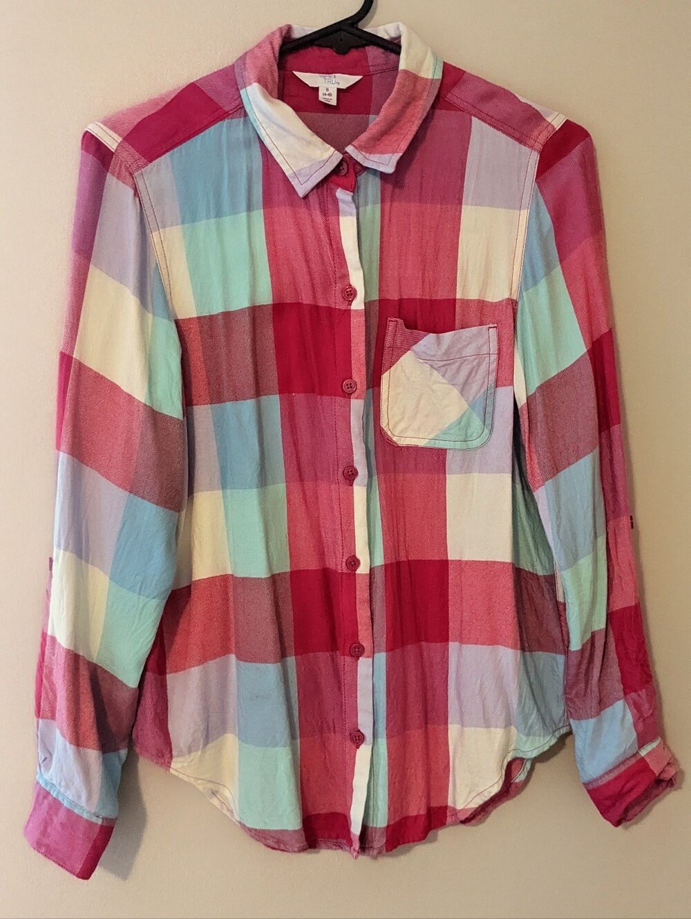 Time & Tru Rose Pink and Blue Plaid Shirt